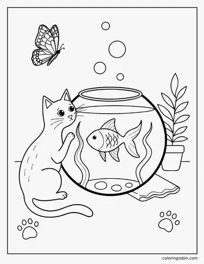 Cat and a Fish Bowl coloring page