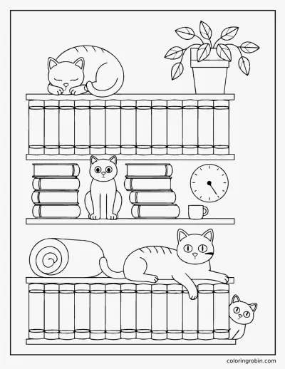 Cats on a Bookshelf coloring page