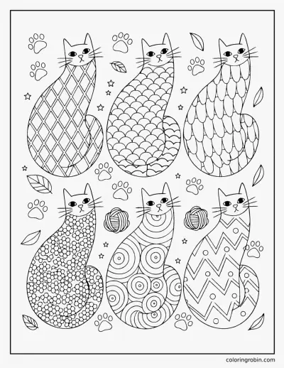 Six Patterned Cats coloring page