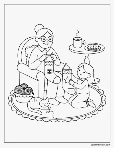 Grandma Knitting a Stocking coloring page