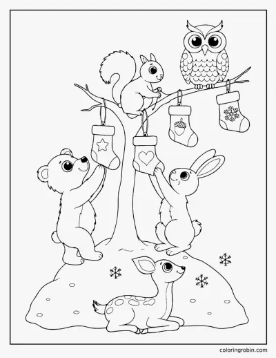 Woodland Animals Hanging Stockings coloring page