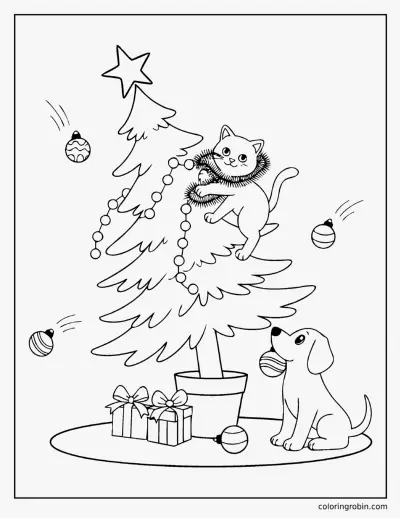Kitten Climbing the Christmas Tree coloring page