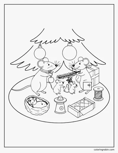 Mice Under the Christmas Tree coloring page