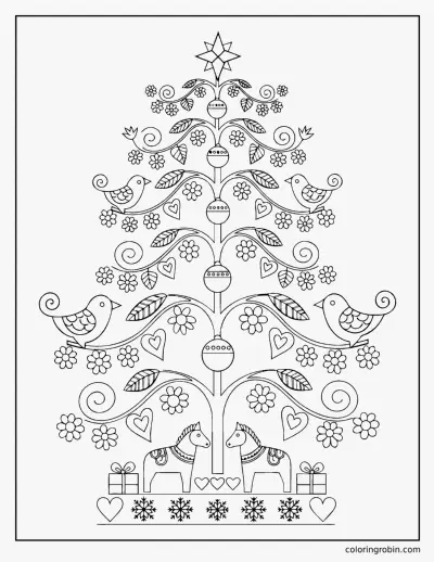 Nordic Folk Art Christmas Tree coloring page