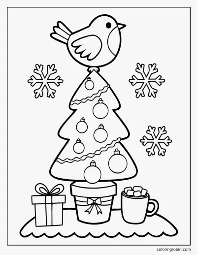 Robin on a Little Christmas Tree coloring page