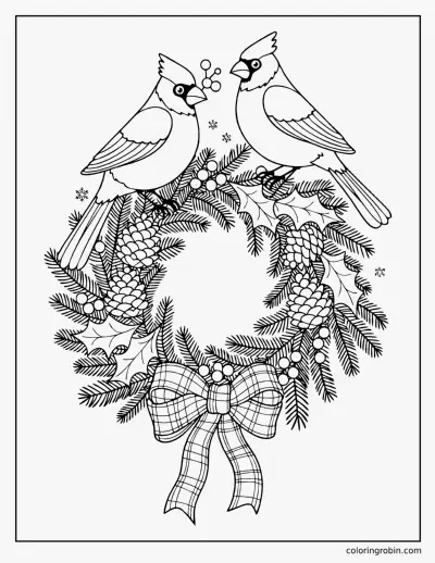 Cardinals on a Christmas Wreath coloring page