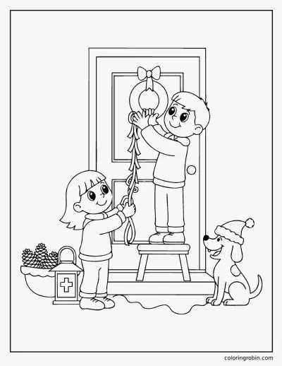 Hanging the Christmas Wreath coloring page