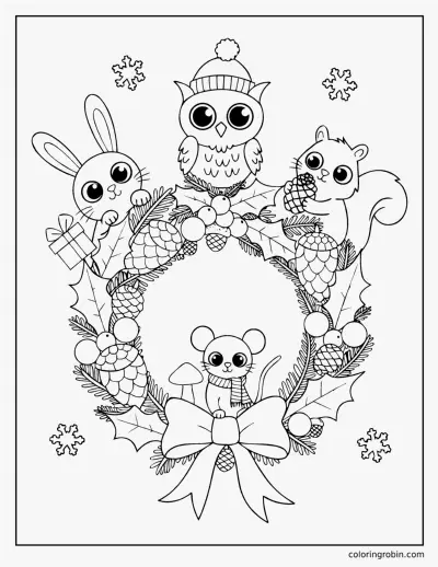 Woodland Animals Christmas Wreath coloring page