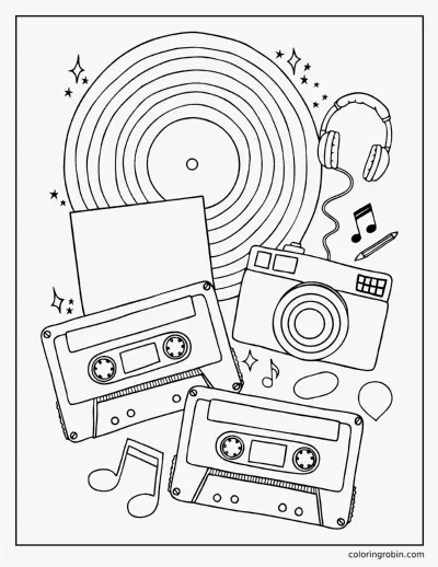 Retro Music Flat Lay coloring page