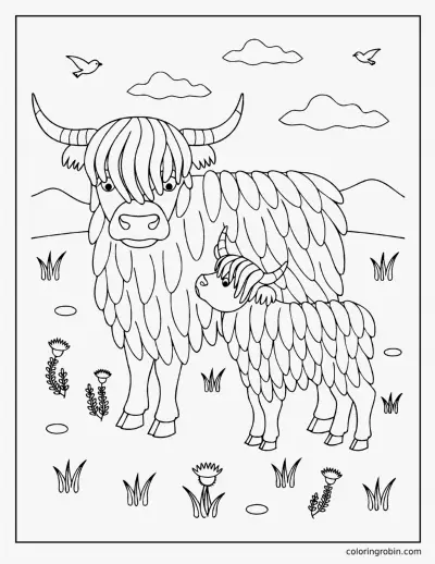 Highland Cow and Calf coloring page