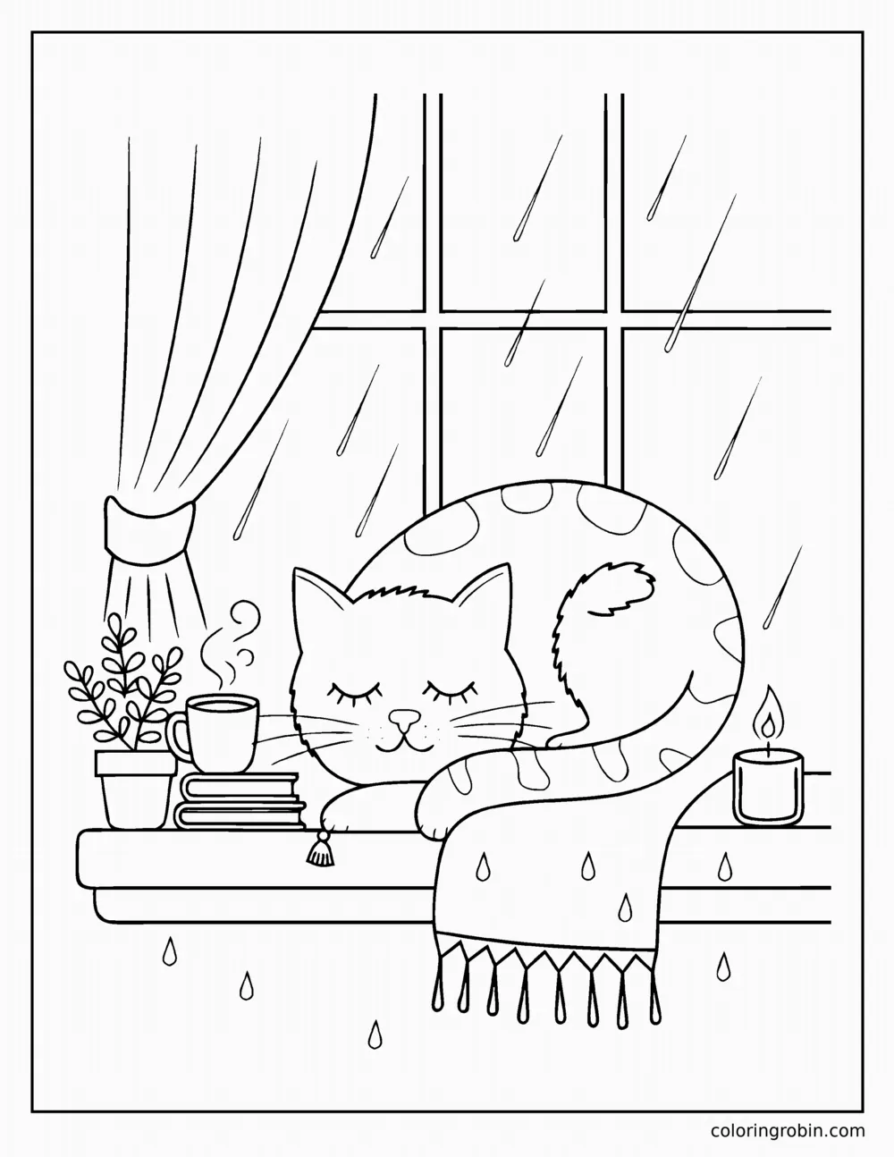 Cat Asleep on a Windowsill coloring page