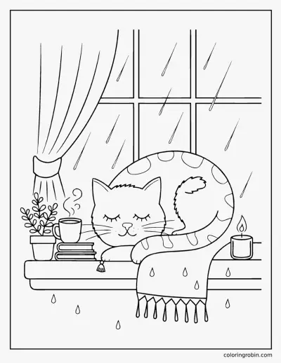 Cat Asleep on a Windowsill coloring page