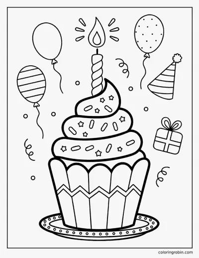 Birthday Cupcake with a Candle coloring page
