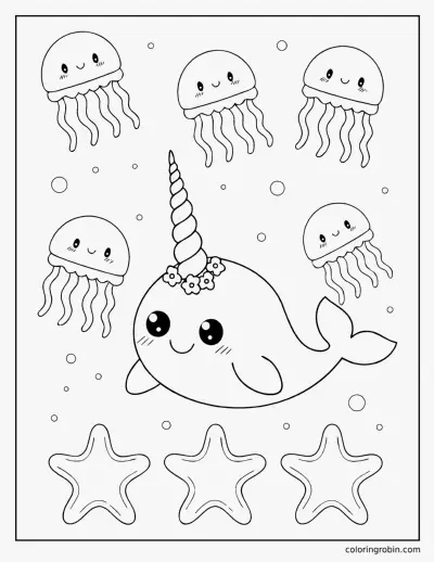 Narwhal and Jellyfish coloring page
