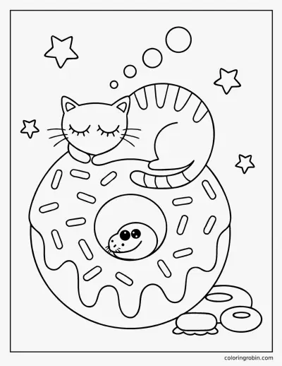 Sleepy Cat on a Donut coloring page