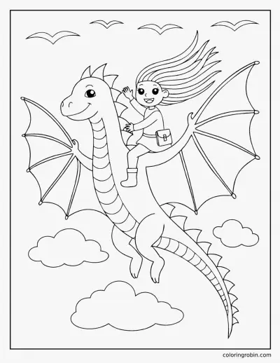 Girl Riding a Dragon coloring page