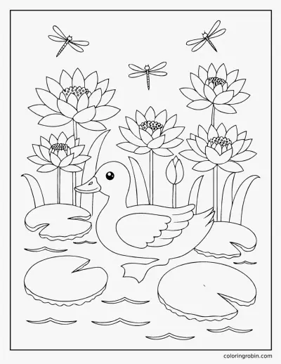 Duck Among the Lotus Flowers coloring page