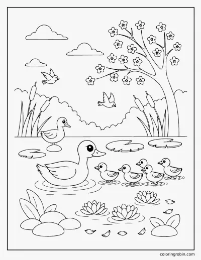 Duck Pond in Spring coloring page