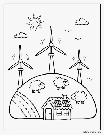 Wind Turbines on a Hill coloring page