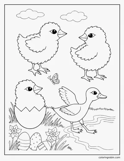 Easter Chicks and a Duckling coloring page