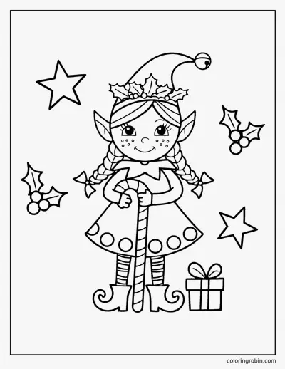 Elf Girl with a Candy Cane coloring page