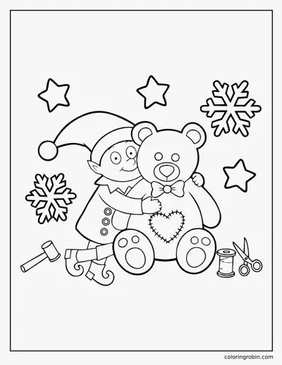 Elf Hugging a Teddy Bear coloring page