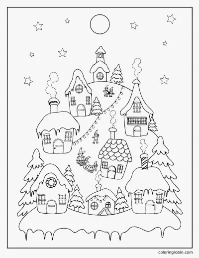 Elf Village at Night coloring page