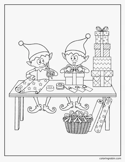 Elves Wrapping Presents coloring page