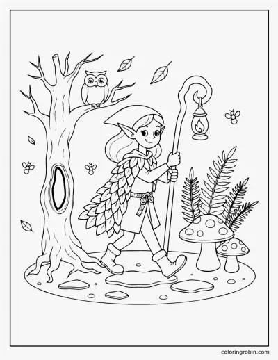 Woodland Elf with a Lantern coloring page