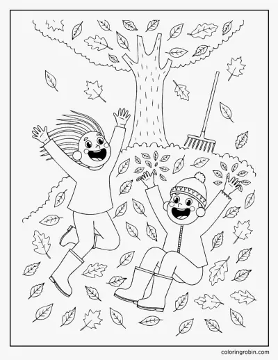 Children Jumping in Leaves coloring page