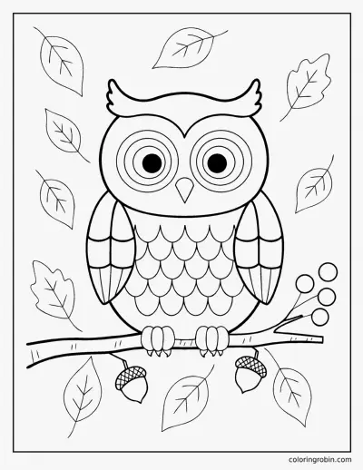 Cute Owl with Autumn Leaves coloring page