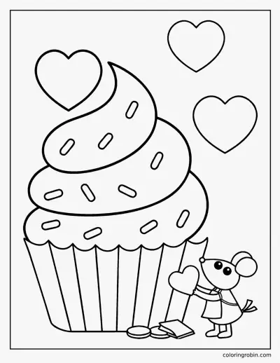 February Cupcake and Mouse coloring page