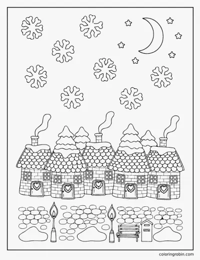 February Winter Village coloring page