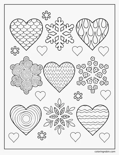 Patterned Hearts and Snowflakes coloring page