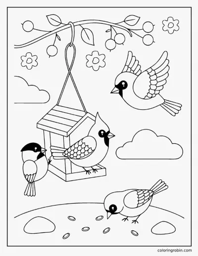 Winter Birds at the Feeder coloring page