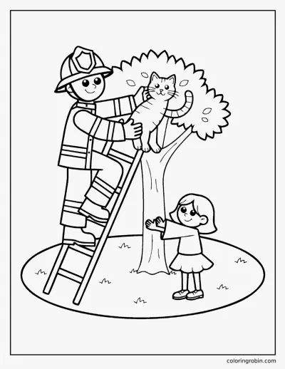 Firefighter Rescuing a Cat coloring page