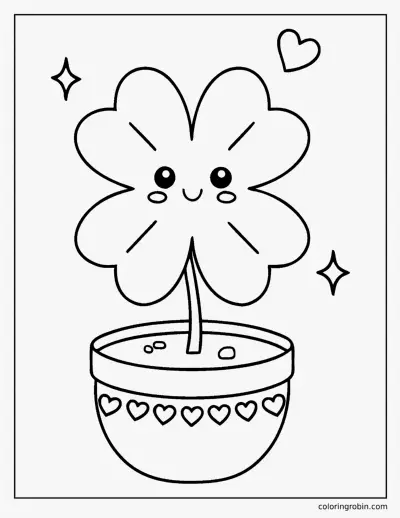 Kawaii Four Leaf Clover in a Pot coloring page