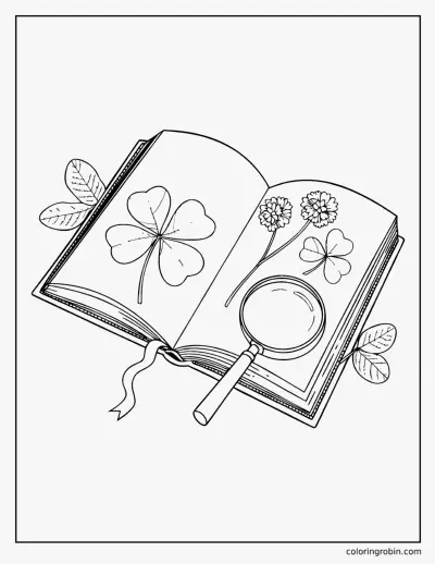 Pressed Four Leaf Clover in a Book coloring page