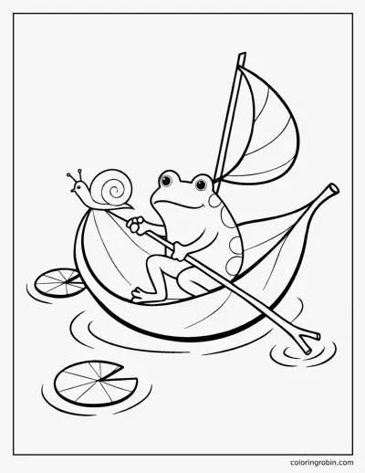 Frog in a Leaf Boat coloring page