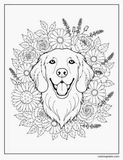 Golden Retriever in a Flower Wreath coloring page