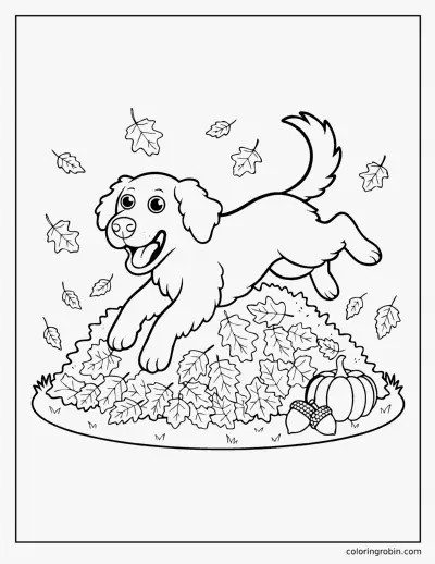 Golden Retriever in Autumn Leaves coloring page