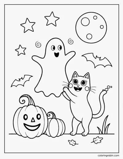 Cat and a Friendly Ghost coloring page