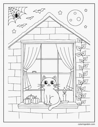 Cat in a Lit Window coloring page