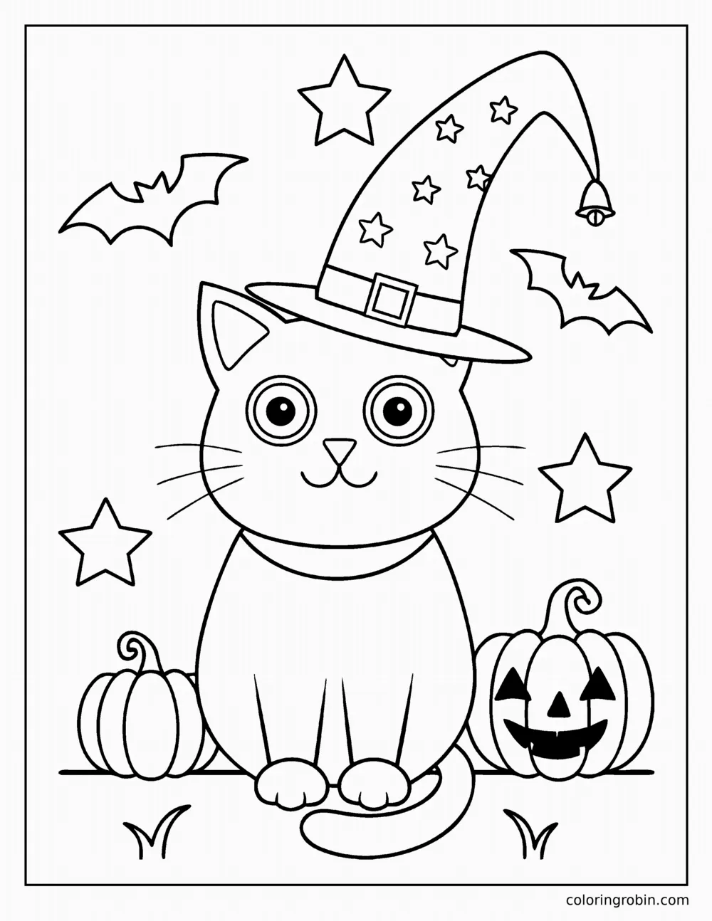 Cat in a Witch Hat coloring page