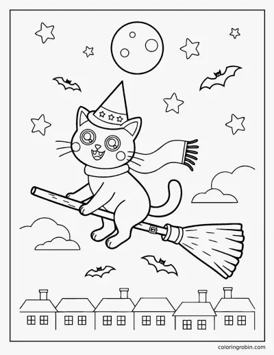 Cat on a Broomstick coloring page