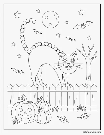 Cat on a Fence at Night coloring page