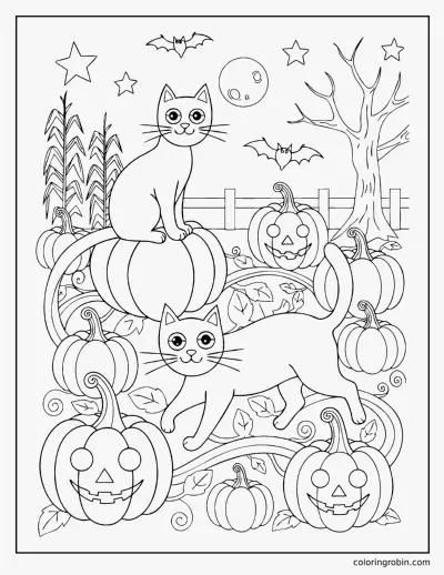 Cats in the Pumpkin Patch coloring page
