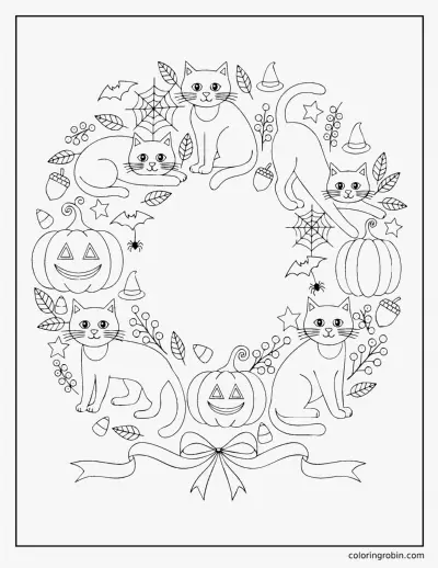 Halloween Cat Wreath coloring page