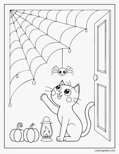 Kitten and a Spider Web coloring page