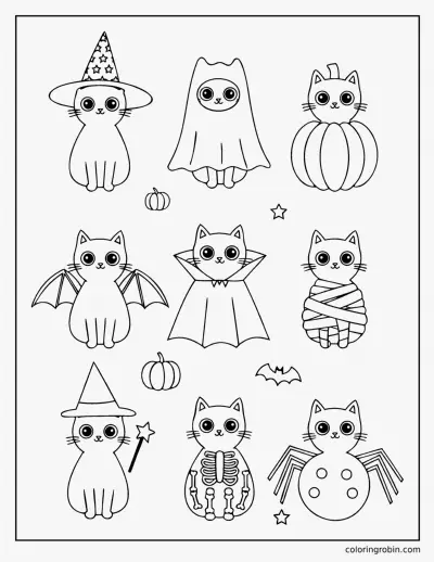 Nine Cats in Costumes coloring page